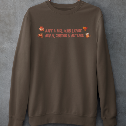 Just a Girl Who Loves Jesus, Coffee and Autumn Crewneck