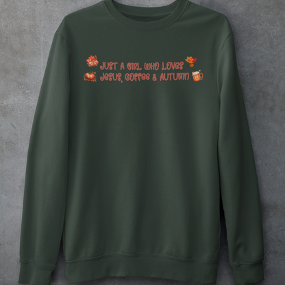 Just a Girl Who Loves Jesus, Coffee and Autumn Crewneck